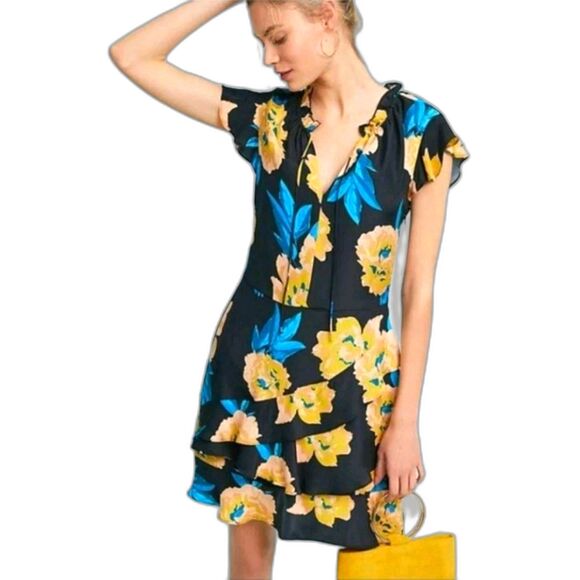 Anthropologie Dolan Ladew Ruffle Dress XS Navy Floral Summer Wedding Guest - Picture 1 of 9